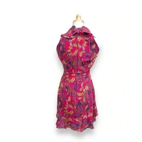 SALONI Cece 100% Silk Dark Pink Berry Printed Ruffle V Neck Mini Dress Size 6 - Picture 3 of 11